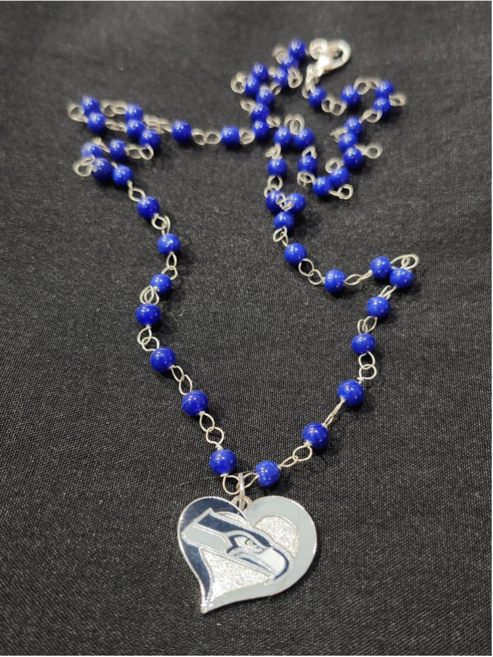 Seattle Seahawks Heart Pendant Necklace Blue Beaded Chain
